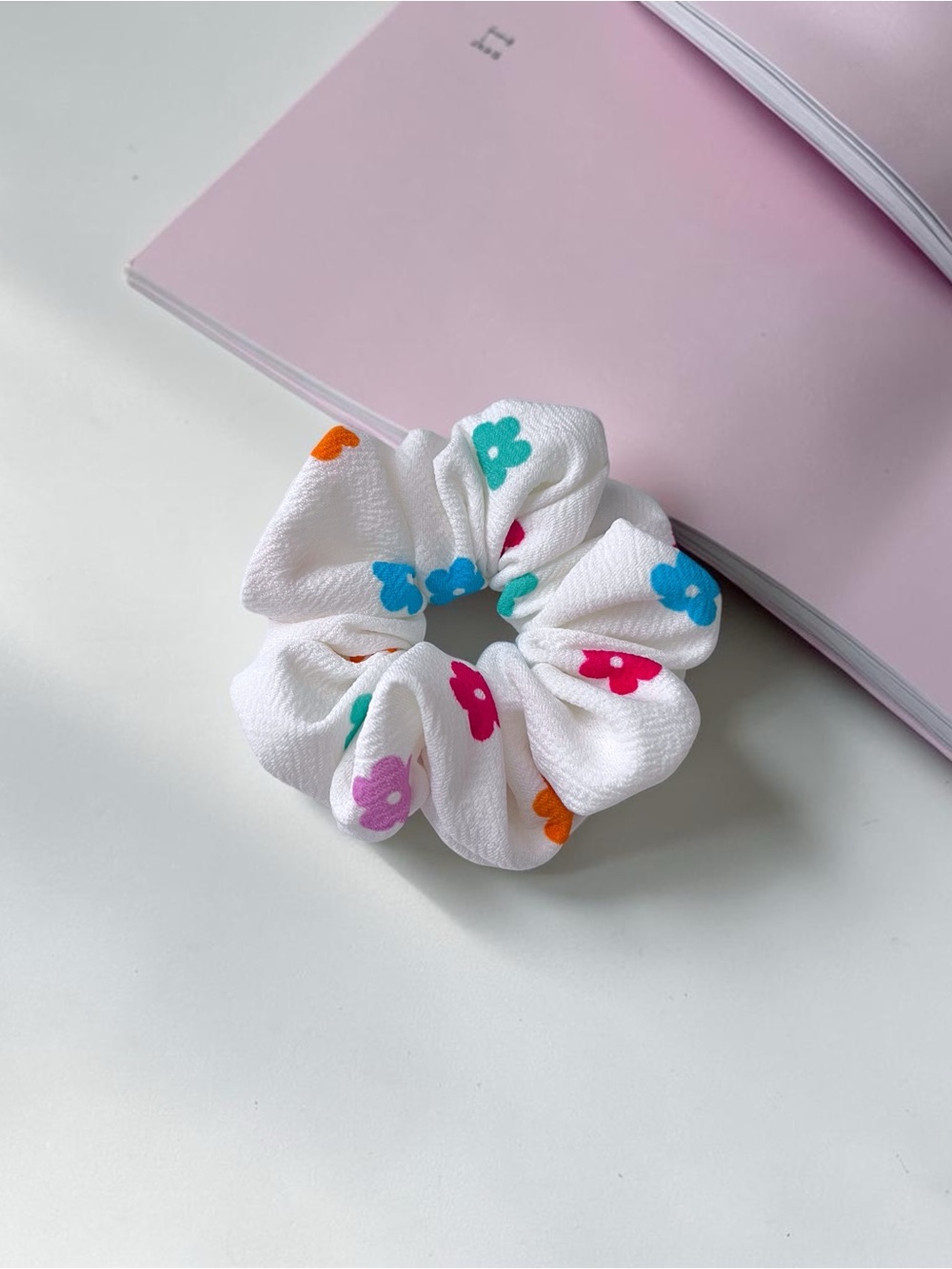 White Floral Print Hair Scrunchie - Multicolor Flowers. Set of 2